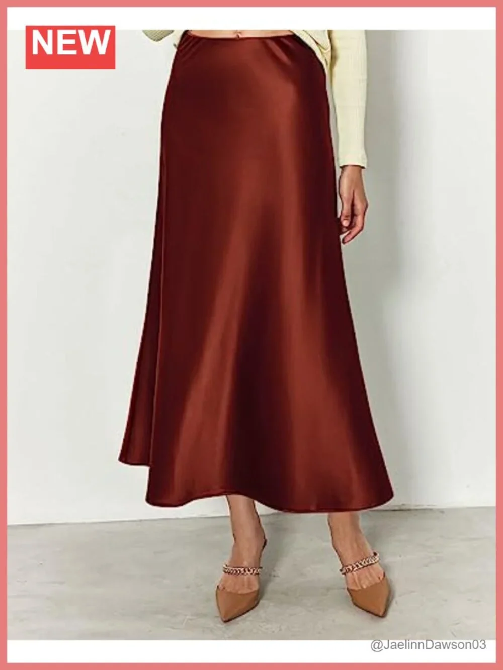 Satin Flowy Midi A-Line Skirt High Waist Ruffle Hem Elastic